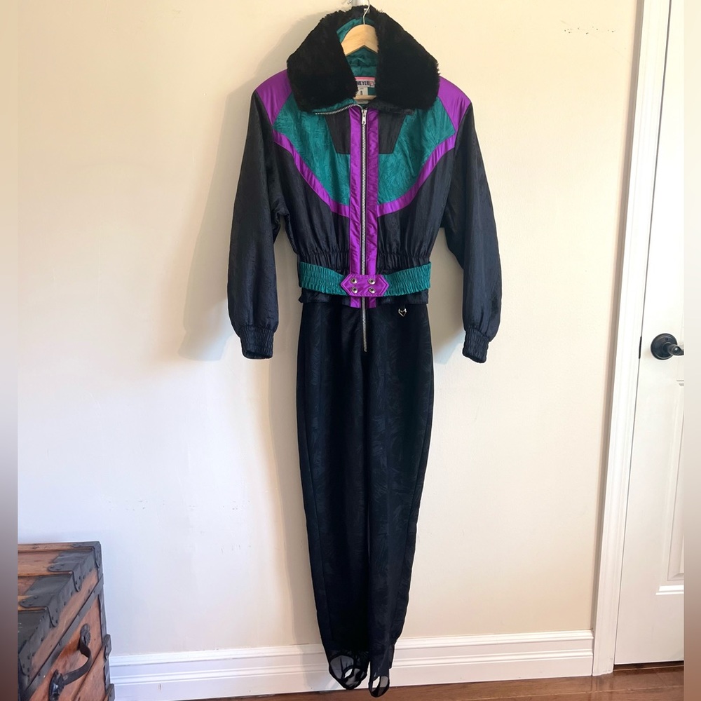 Obermeyer Retro Vtg Ski Suit Women's 8 Snowsuit One Piece  snow Bib fur collar